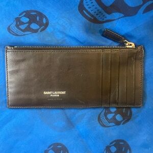 Saint Laurent Black Leather Zip Card Holder with Silver Logo
